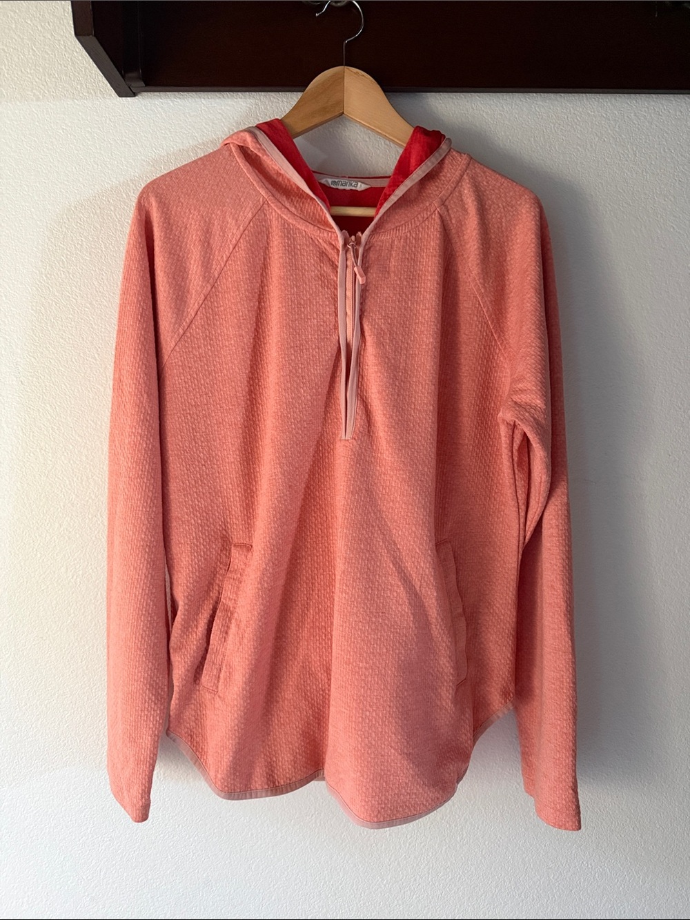 Marika Coral Half-Zip Pullover Hoodie, Kangaroo Pocket, Rounded Hem